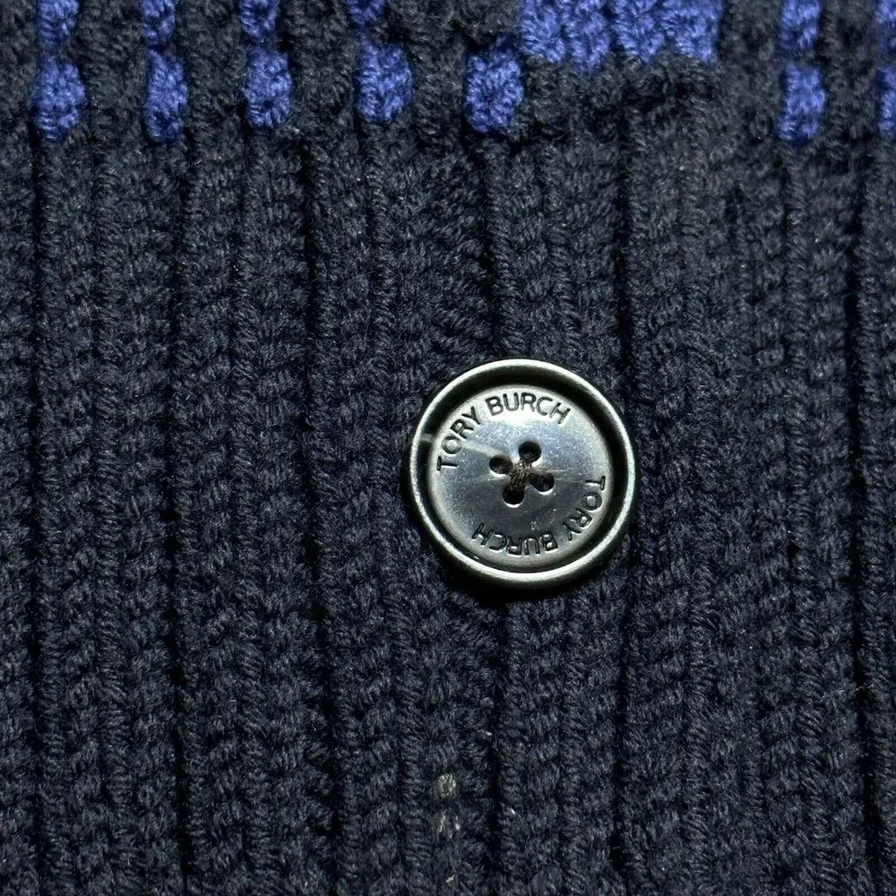Tory Burch Black Blue Merino Wool Waffle Knit Cardigan‎ Sweater Women's Sz Large